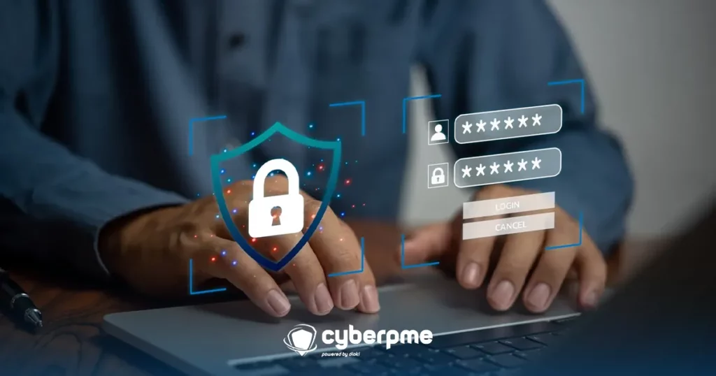 Une main tapant sur un clavier d'ordinateur avec une interface graphique montrant une icône de verrou et des champs de connexion protégés, symbolisant la cybersécurité dans les entreprises françaises.